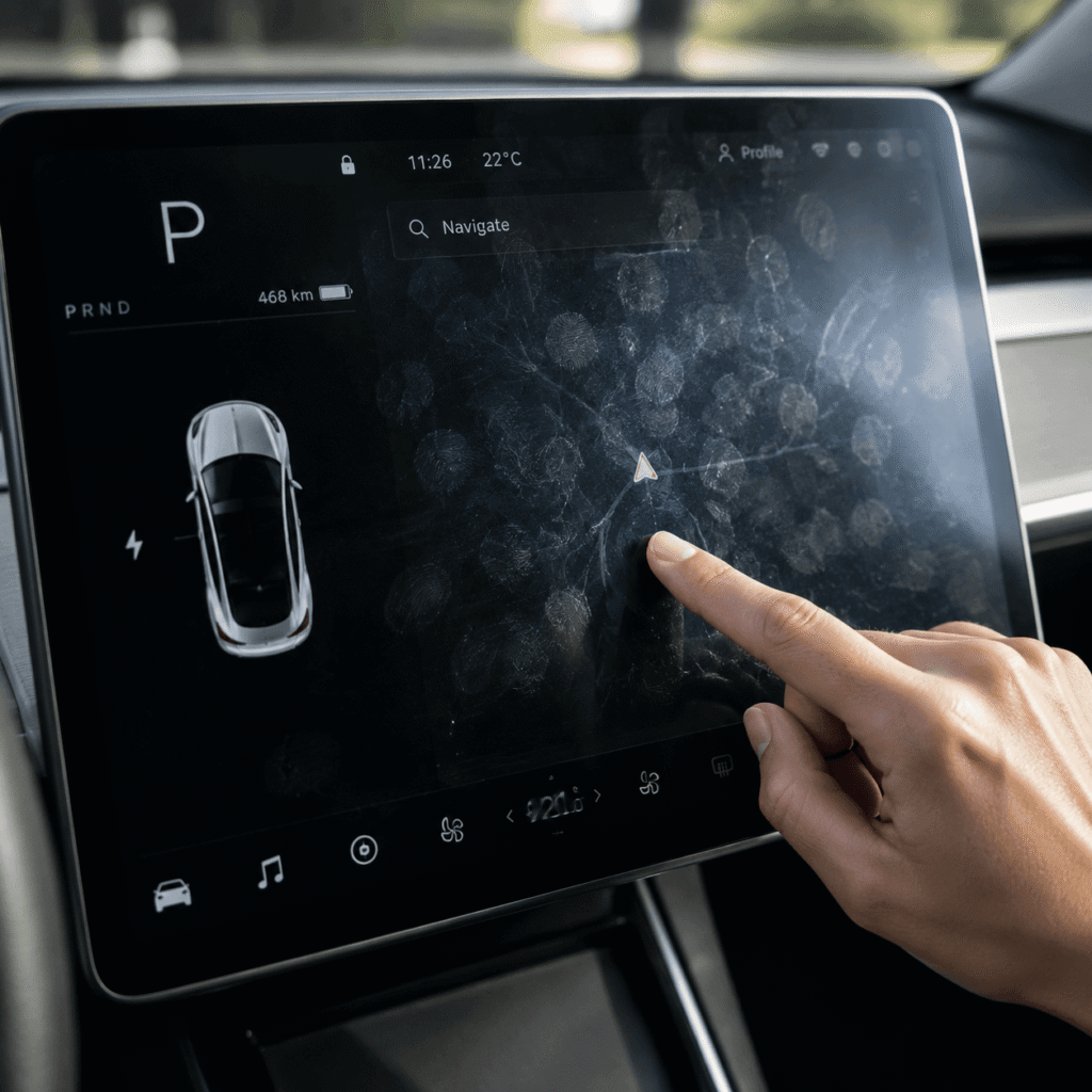 Fingerprints and smudges on an electric vehicle touchscreen display