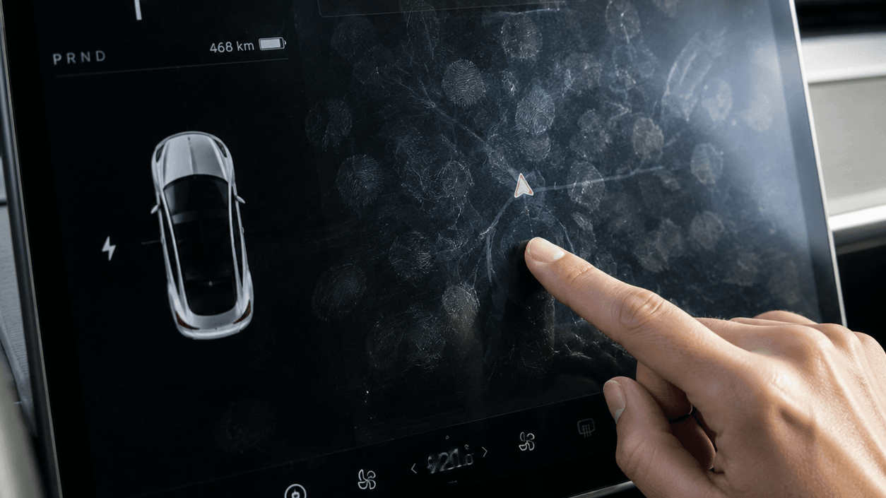 Fingerprints and smudges on an electric vehicle touchscreen display
