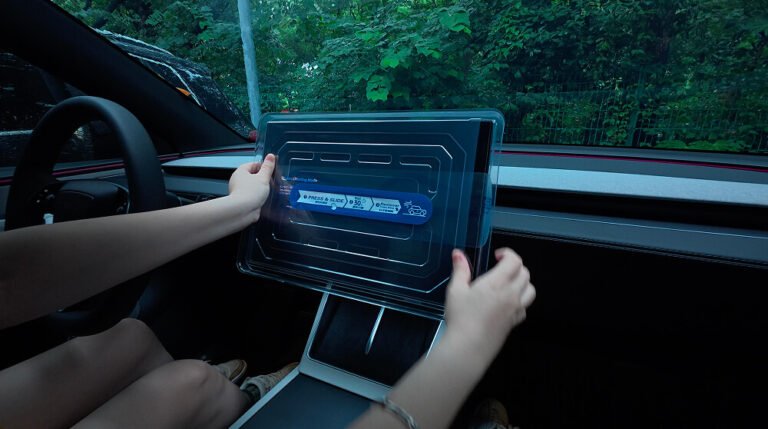 Installing Tesla center touchscreen screen protector with custom auto-alignment dust-free tray