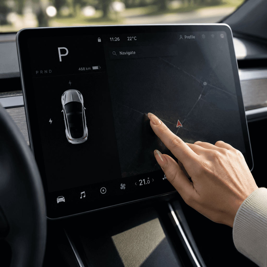 Driver touching an electric vehicle touchscreen with long nails, showing potential daily wear and scratch risks.