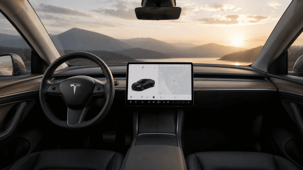 Modern electric vehicle interior with a large central display and premium dashboard design