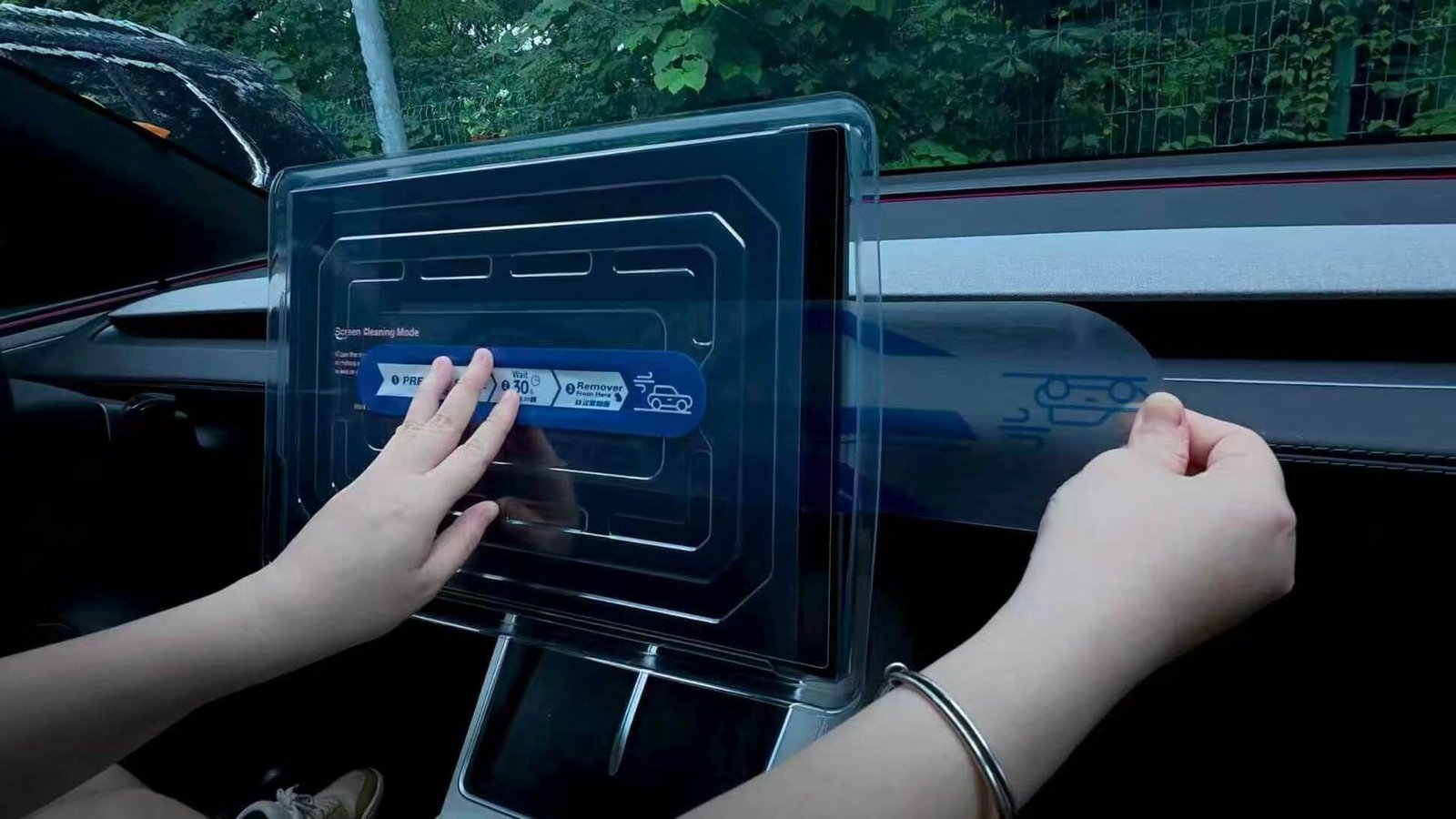 Tesla Model Y screen protector Auto-Alignment Tray installation